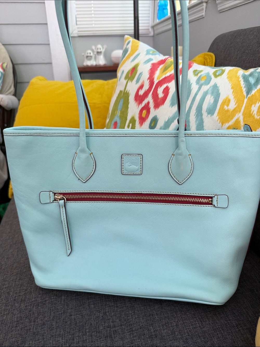 Dooney & Bourke Sky Blue Leather Tote with Front Zip Florentine NWT